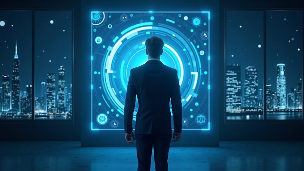 Un banquero con traje se encuentra frente a una bóveda holográfica de activos tokenizados con un horizonte urbano y gráficos de criptomonedas.