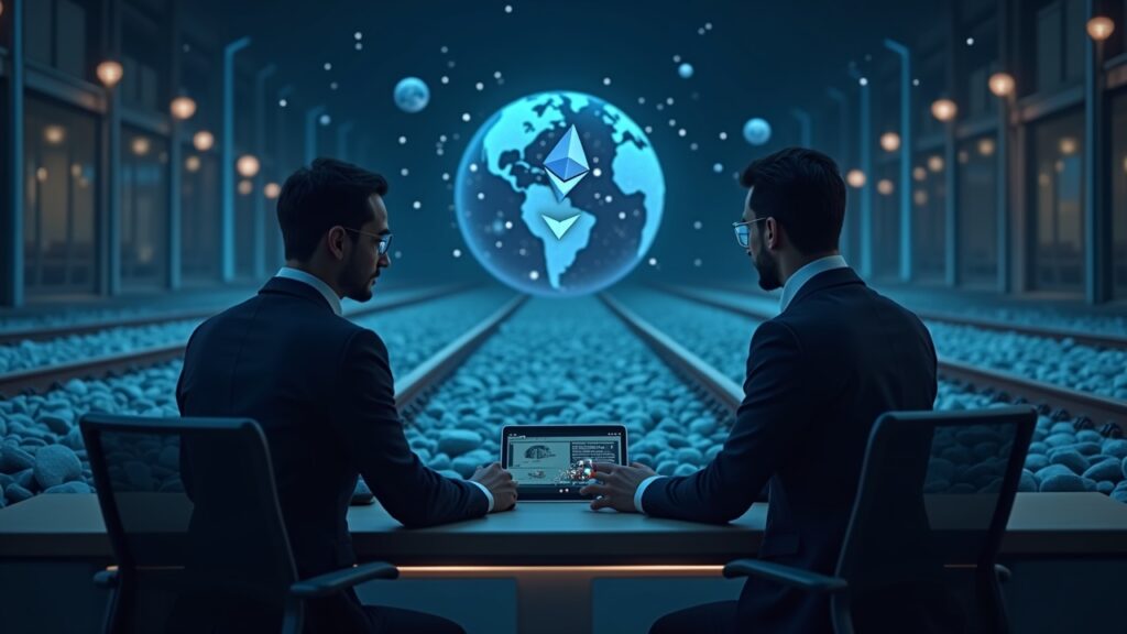 Ejecutivo fintech en terminal de comerciante con vías on-chain de Ethereum por todo el mundo, marca Morph e íconos de Bitget Wallet.