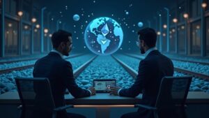 Ejecutivo fintech en terminal de comerciante con vías on-chain de Ethereum por todo el mundo, marca Morph e íconos de Bitget Wallet.