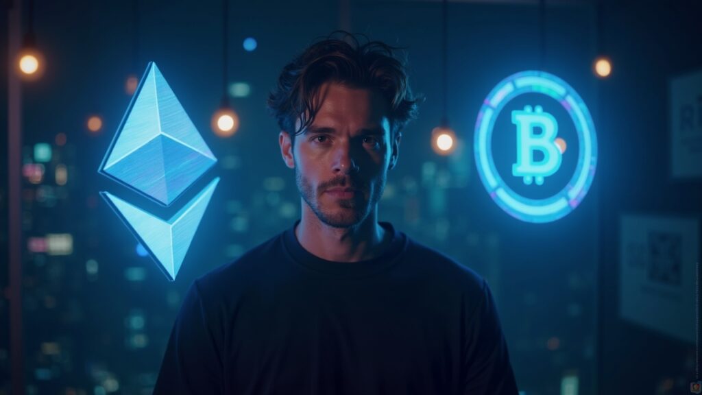Retrato de MrBeast en un estudio con logotipos holográficos de Ethereum y Bitmine, que ilustran un acuerdo de criptomedia DeFi de $200M.