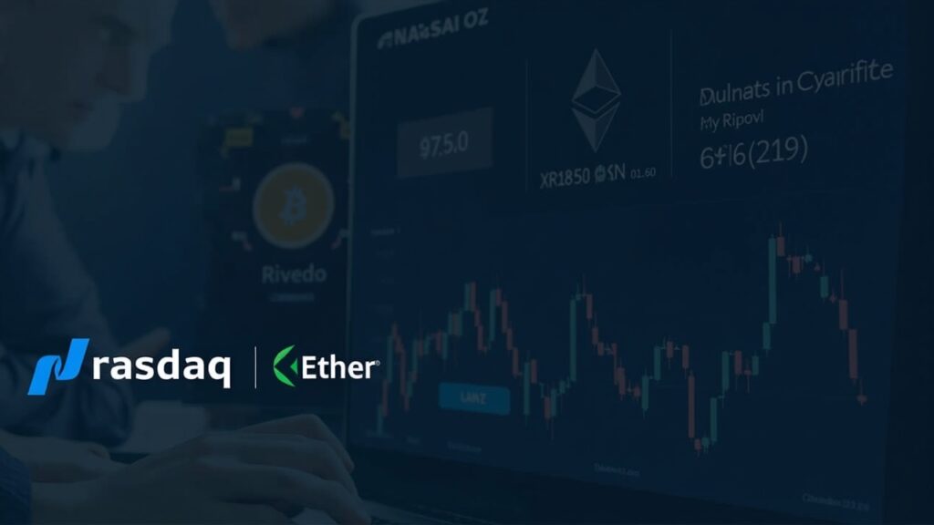 Escena profesional: logotipo de Nasdaq con los símbolos de Bitcoin y Ether y un gráfico de liquidez ascendente.