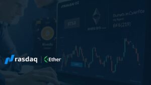 Escena profesional: logotipo de Nasdaq con los símbolos de Bitcoin y Ether y un gráfico de liquidez ascendente.