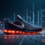 Zapatilla Nike hiperrealista en el centro, mitad digital con una cuadrícula de blockchain y documentos que se desvanecen que señalan el retroceso del mercado de NFT