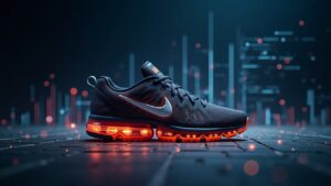 Zapatilla Nike hiperrealista en el centro, mitad digital con una cuadrícula de blockchain y documentos que se desvanecen que señalan el retroceso del mercado de NFT