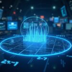 Sala de negociación fotorrealista de la NYSE con una superposición holográfica de la cadena de bloques que ilustra acciones tokenizadas y fracciones de acciones.