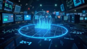 Sala de negociación fotorrealista de la NYSE con una superposición holográfica de la cadena de bloques que ilustra acciones tokenizadas y fracciones de acciones.