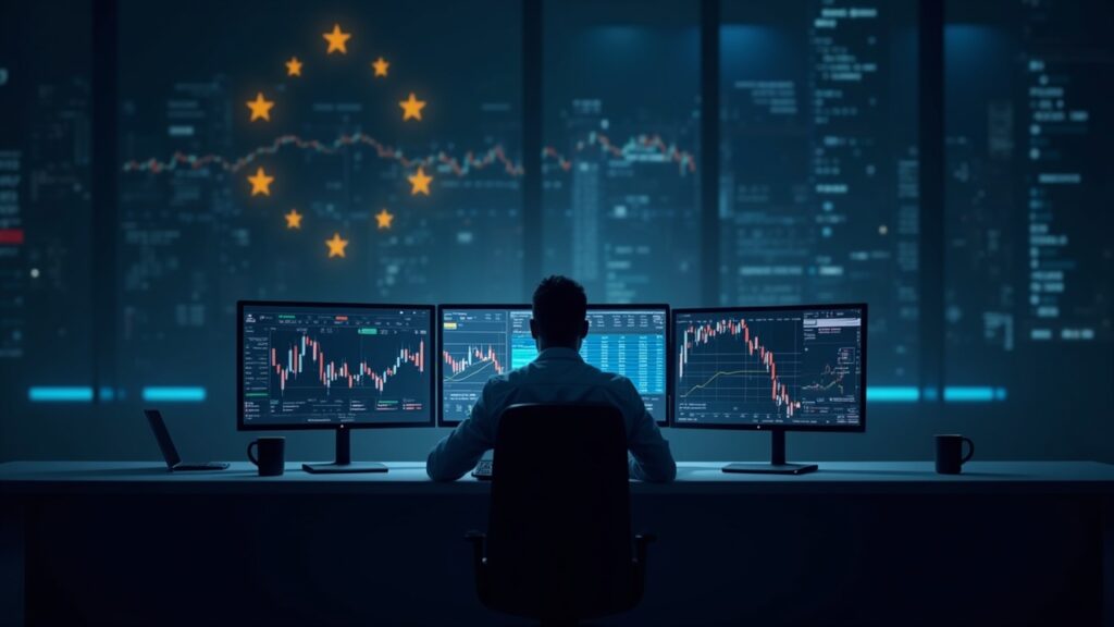 Mesa de trading fotorrealista con un analista concentrado, pantallas muestran gráficos de blockchain y un contexto regulatorio europeo.