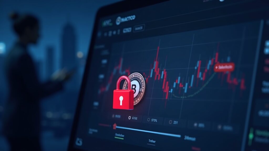 Panel de intercambio de criptomonedas fotorrealista con un candado rojo sellando stablecoins congeladas, una insignia KYC y silueta de regulador.