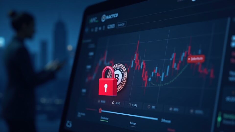 Panel de intercambio de criptomonedas fotorrealista con un candado rojo sellando stablecoins congeladas, una insignia KYC y silueta de regulador.
