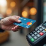 Escena fotorrealista de un usuario pagando con una tarjeta de stablecoin para la UE en un terminal Mastercard, conversión a fiat en el punto de venta.