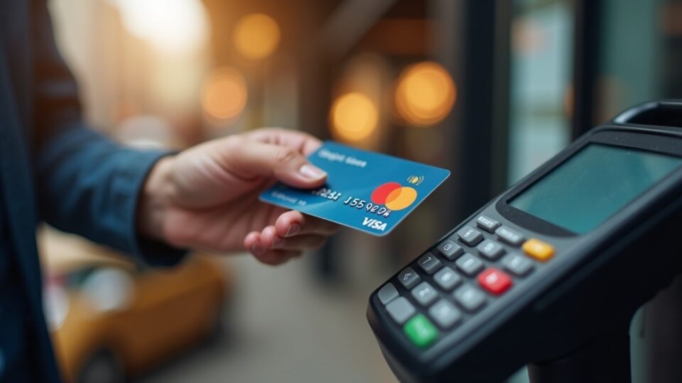 Escena fotorrealista de un usuario pagando con una tarjeta de stablecoin para la UE en un terminal Mastercard, conversión a fiat en el punto de venta.