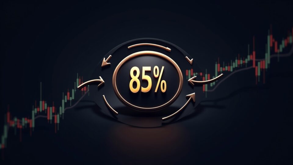 Logotipo fotorrealista de Onyxcoin con flechas que muestran un desplazamiento del 85% de tenedores a corto plazo a largo plazo sobre un gráfico de precios.