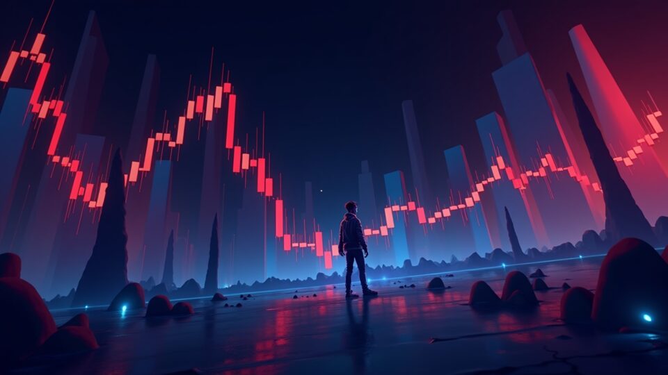 Encabezado fotorealista de noticias cripto: gráfico de precio de XCN con muros de venta rojos y un trader cauteloso sobre un telón de fondo neón azul-rojo.