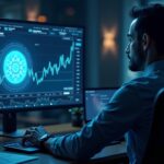 Un operador de la sala de redacción analiza la pantalla holográfica de Onyxcoin con el precio en alza, métricas on-chain y riesgo de descentralización.