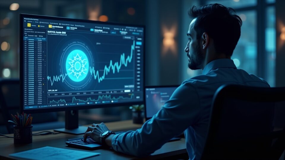 Un operador de la sala de redacción analiza la pantalla holográfica de Onyxcoin con el precio en alza, métricas on-chain y riesgo de descentralización.