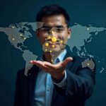 Profesional de fintech fotorrealista junto a un mapa global flotante que muestra stablecoins y componentes de Open Money Stack.