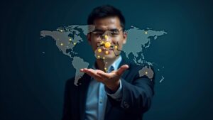 Profesional de fintech fotorrealista junto a un mapa global flotante que muestra stablecoins y componentes de Open Money Stack.