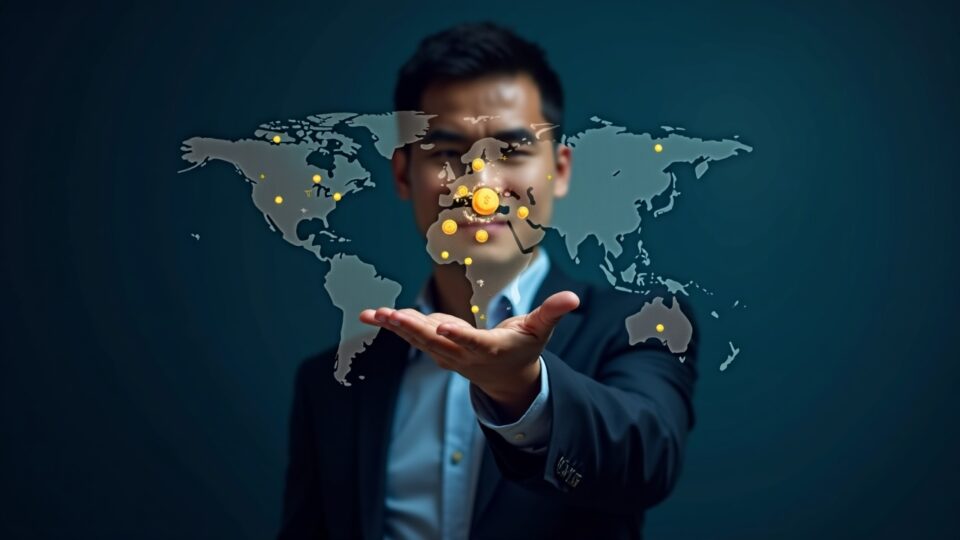 Profesional de fintech fotorrealista junto a un mapa global flotante que muestra stablecoins y componentes de Open Money Stack.