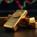 Barras de oro fotorrealistas junto a un símbolo de Bitcoin en una terminal de negociación, que representan una cobertura de ETF multiactivo regulada.