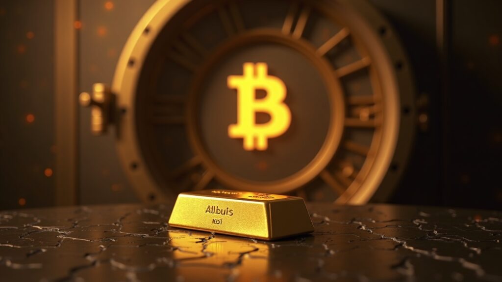 Barra de oro en primer plano dentro de una bóveda con un símbolo de Bitcoin desvanecido y el perfil de una ciudad, señalando al oro como refugio seguro sobre las criptomonedas.