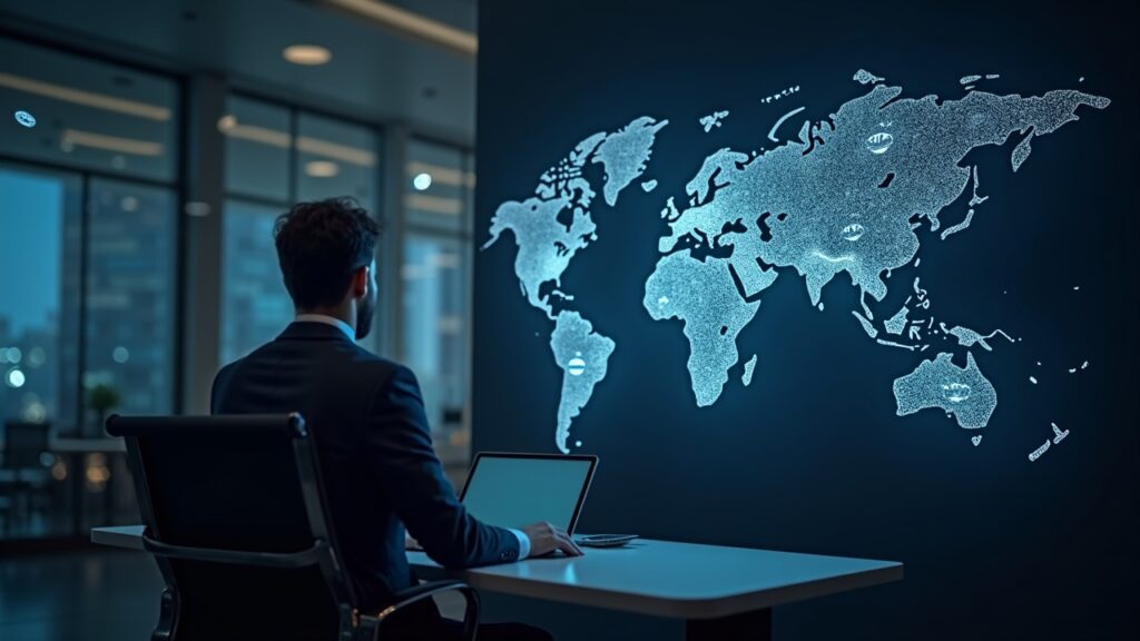 Ejecutivo fotorrealista en una oficina moderna con un mapa mundial y logotipos de USDGO que ilustran pagos transfronterizos globales.