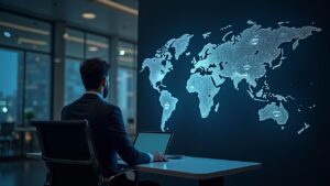 Ejecutivo fotorrealista en una oficina moderna con un mapa mundial y logotipos de USDGO que ilustran pagos transfronterizos globales.