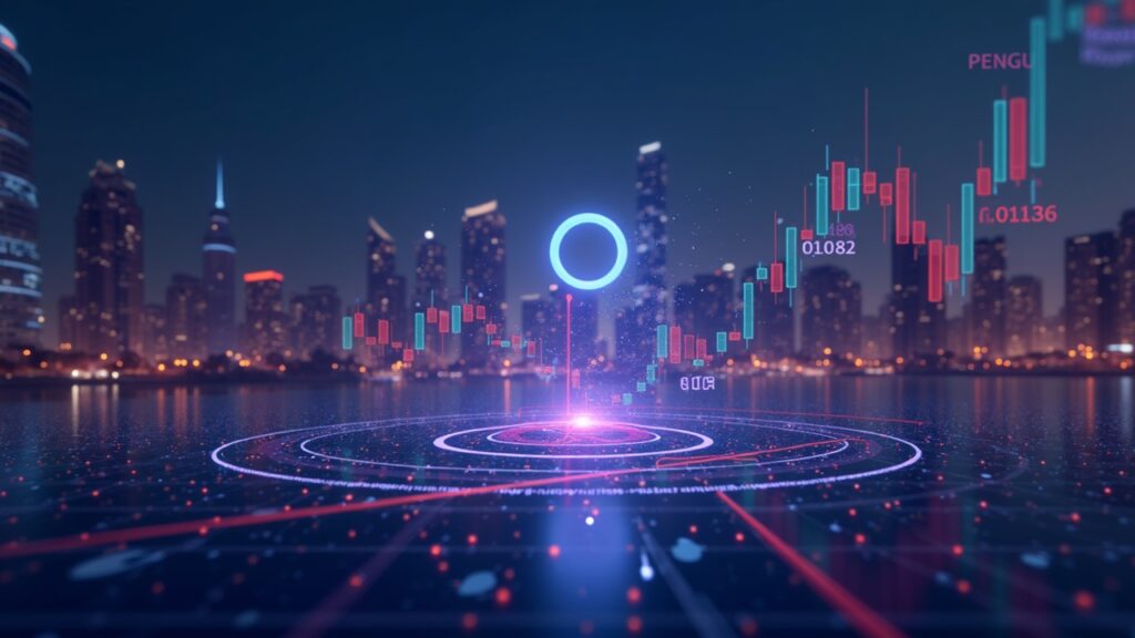 Analista estudia gráfico holográfico del precio de PENGU con divergencia en cadena y líneas en 0.01138 y 0.01382 sobre el horizonte de la ciudad.