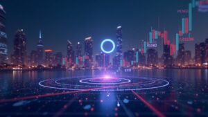 Analista estudia gráfico holográfico del precio de PENGU con divergencia en cadena y líneas en 0.01138 y 0.01382 sobre el horizonte de la ciudad.