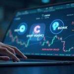 Un trader fotorrealista estudia logos holográficos de PEPE, BONK, FLOKI sobre un gráfico de criptomonedas en ascenso.