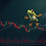Rana meme central sobre un gráfico cripto dramático con RSI cerca de 92, señales bajistas del MACD y la silueta de una ballena.