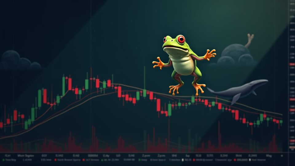 Rana meme central sobre un gráfico cripto dramático con RSI cerca de 92, señales bajistas del MACD y la silueta de una ballena.