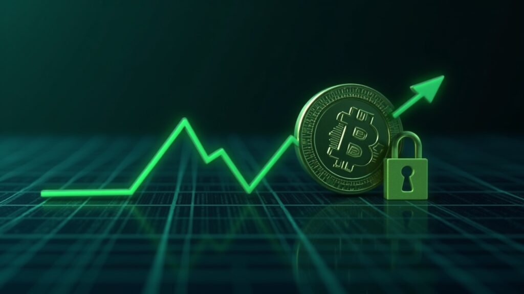 Logotipo fotorealista de Pi Coin sobre una cuadrícula digital con un rebote verde desde un mínimo histórico y un icono de desbloqueo que señala el riesgo de liquidez.