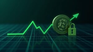 Logotipo fotorealista de Pi Coin sobre una cuadrícula digital con un rebote verde desde un mínimo histórico y un icono de desbloqueo que señala el riesgo de liquidez.