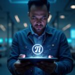 Desarrollador con el logo de Pi Network en una tableta; rieles brillantes de 10 minutos y visuales de Stellar en una sala de noticias de criptomonedas.
