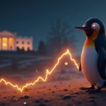 Memecoin de pingüino fotorrealista subiendo sobre un gráfico de precios brillante con la silueta de White House y el logo de X en el fondo