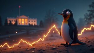 Memecoin de pingüino fotorrealista subiendo sobre un gráfico de precios brillante con la silueta de White House y el logo de X en el fondo
