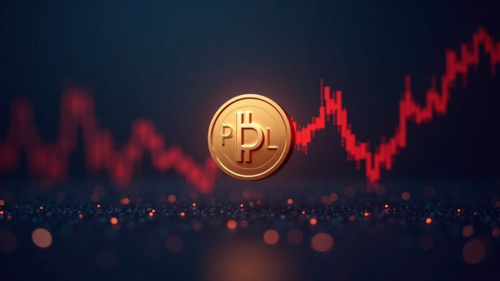 Token POL fotorrealista centrado frente a un gráfico de precio descendente en rojo y un sutil ícono regulatorio en un estilo de sala de redacción cripto.