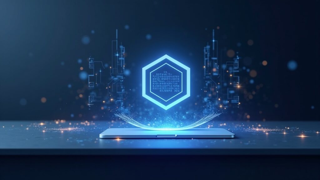 Escritorio fintech fotorrealista con el logotipo de Polygon y una pantalla holográfica que muestra los canales transfronterizos de Open Money Stack.