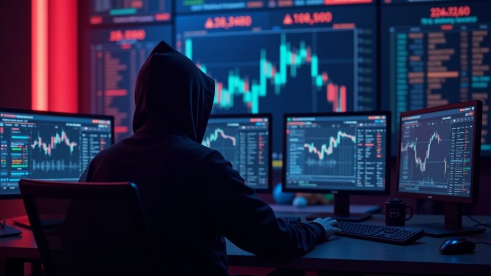 Comerciante anónimo con capucha en terminal cripto de neón; pantalla de pago muestra probabilidades de Maduro con fondo de blockchain de Solana