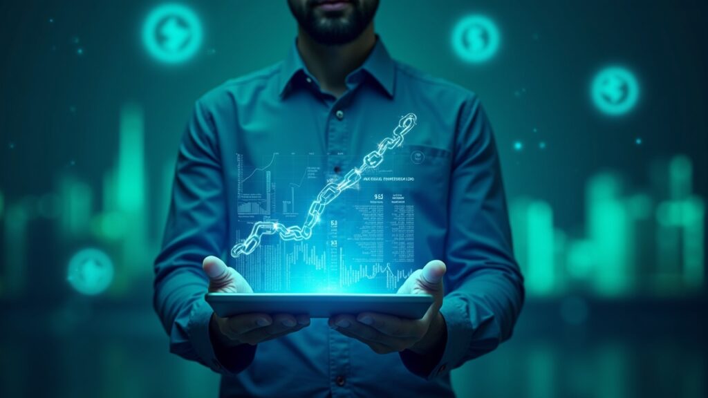 Trader central con un panel holográfico de tasas de financiación y una cadena rompiéndose, bañado en un resplandor cripto azul-verde