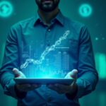 Trader central con un panel holográfico de tasas de financiación y una cadena rompiéndose, bañado en un resplandor cripto azul-verde