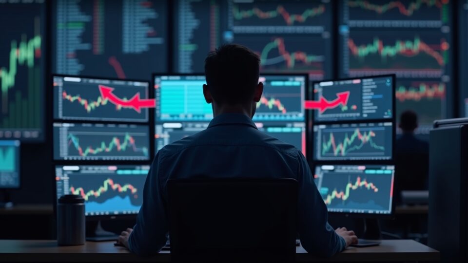 Operador profesional observa paneles de ETF de BTC y ETH con flechas rojas de salida en una sala de redacción.