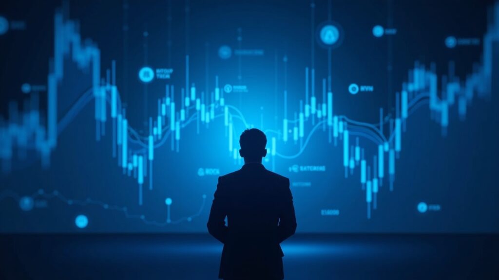 Escena de sala de prensa futurista con un analista examinando gráficos holográficos de SPX, DXY y criptomonedas sobre un degradado azul
