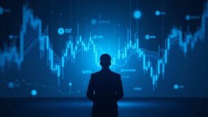 Escena de sala de prensa futurista con un analista examinando gráficos holográficos de SPX, DXY y criptomonedas sobre un degradado azul