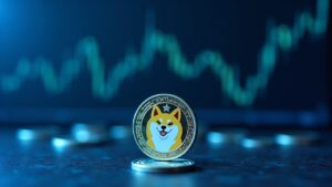 Moneda Dogecoin fotorrealista en primer plano con un gráfico DOGE/BTC en un canal ascendente sobre un fondo fintech azul.