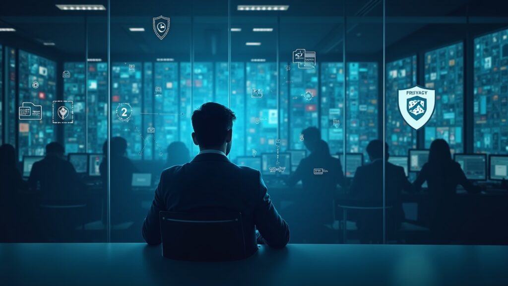 Comerciante criptográfico fotorrealista entre una pared de vidrio de Regulación y un escudo de privacidad con pruebas ZK, ambiente de sala de redacción.