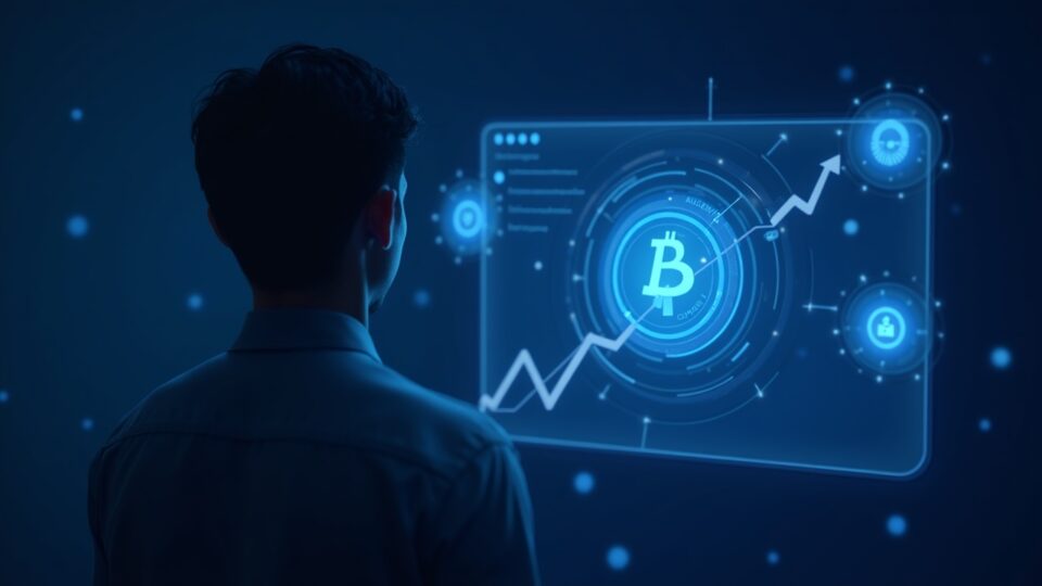 Persona fotorrealista observa un token Callouts brillante en una pantalla fintech con flechas de liquidez ascendentes y una insignia verificada en una escena cripto de neón azul.