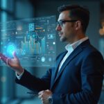 Ejecutivo de PwC en una oficina moderna con gráficos holográficos de monedas estables y activos tokenizados.