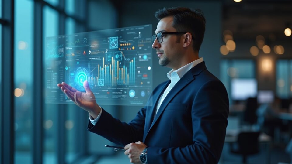 Ejecutivo de PwC en una oficina moderna con gráficos holográficos de monedas estables y activos tokenizados.