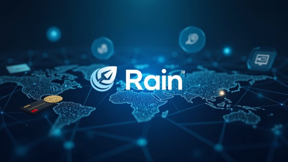 Logotipo fotorrealista de Rain centrado sobre una red global de pagos con monedas estables, tarjetas y canales de pago.
